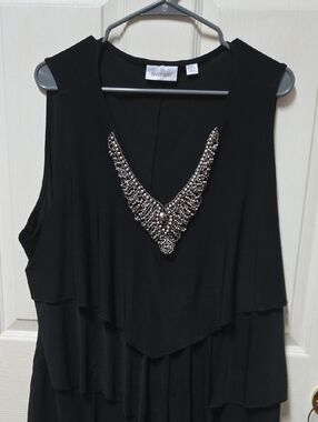 Avenue Black Sleeveless Tiered Dress with Beaded V-Neck